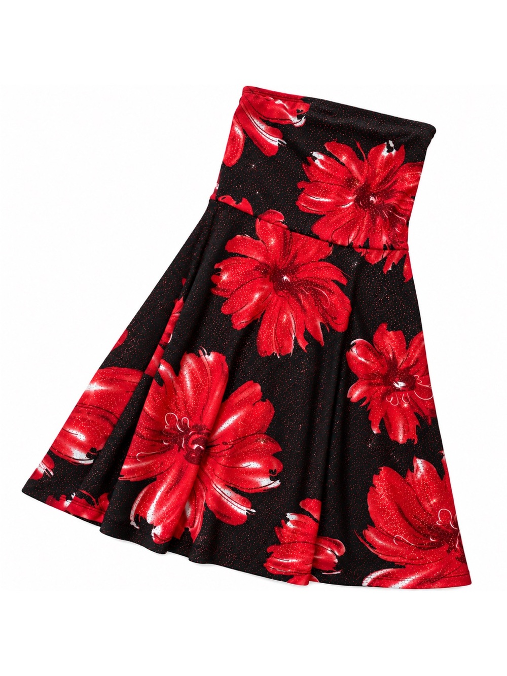 Black Strapless Red Glitter Dress w/Red Floral Print